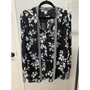 NYDJ Womens Large Blouse Button Up Floral Sheer Black Blue Style MGGT3272 Stripe